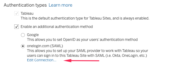 Tableau Online enable an additional authentication method - OneLogin (SAML)