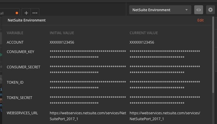 Postman NetSuite environment example