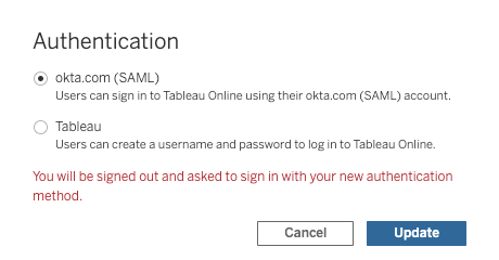 Tableau Online - configuring a user's authentication to okta.com (SAML)