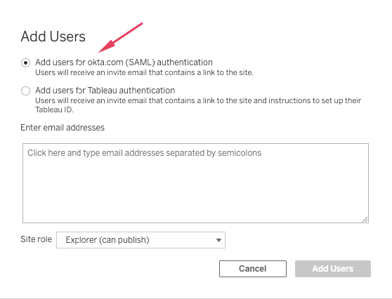 Tableau Online - configure new user for Okta (SAML) authentication