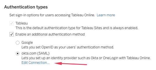 Tableau Online enable an additional authentication method - Okta (SAML)