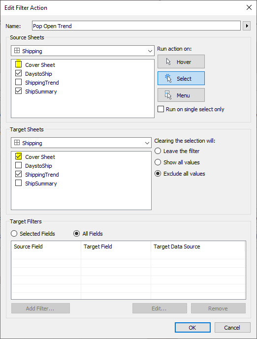 Uncheck Tableau Cover Sheet on the Source Sheet list but leave checked on Target Sheet list