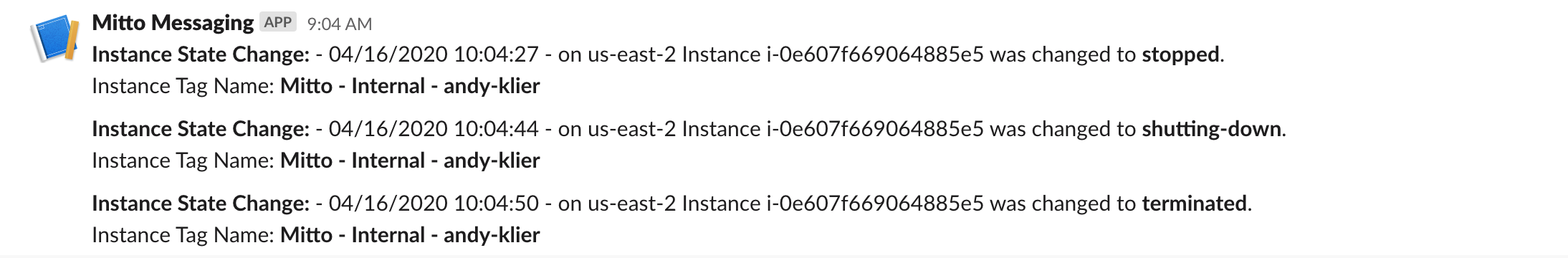 Mitto Slack messages for EC2 instance