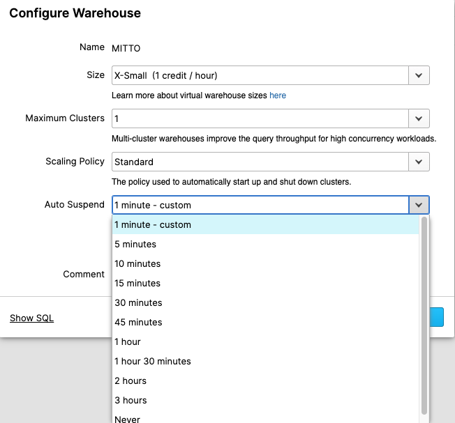 Snowflake UI auto suspend details