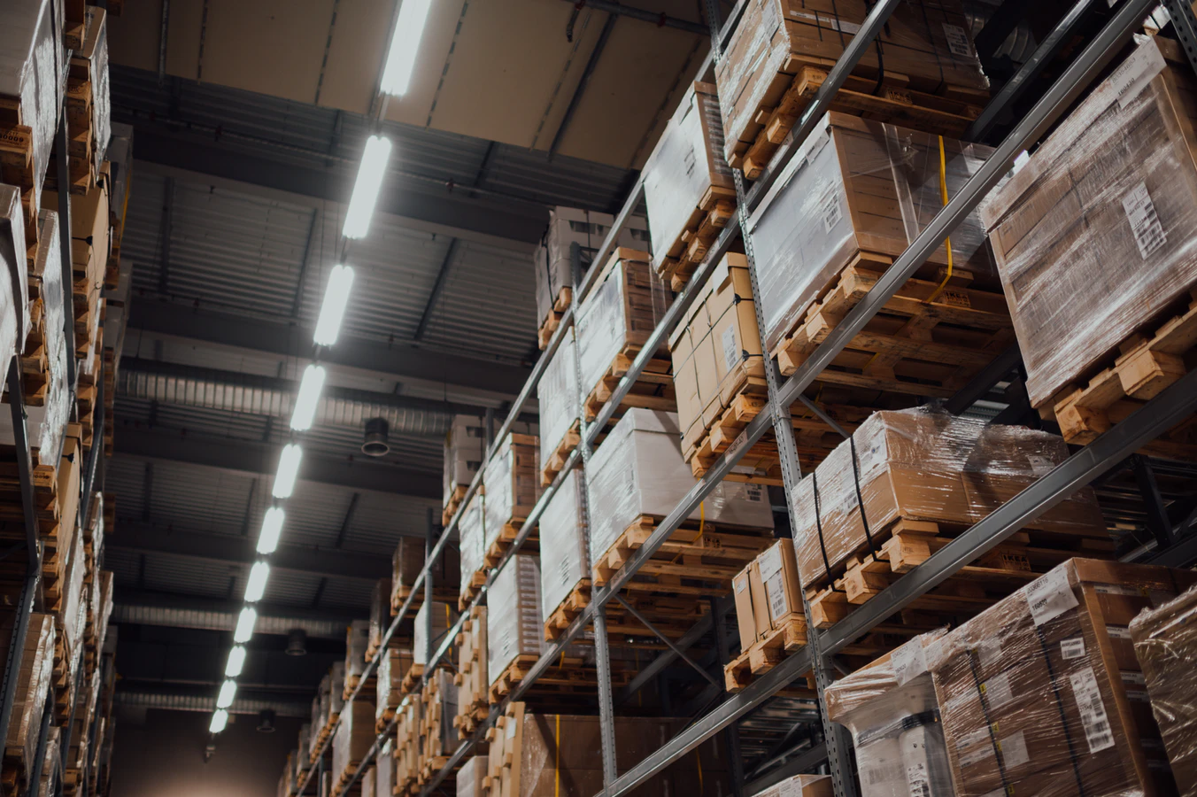 Wooden pallets and boxes on shelves