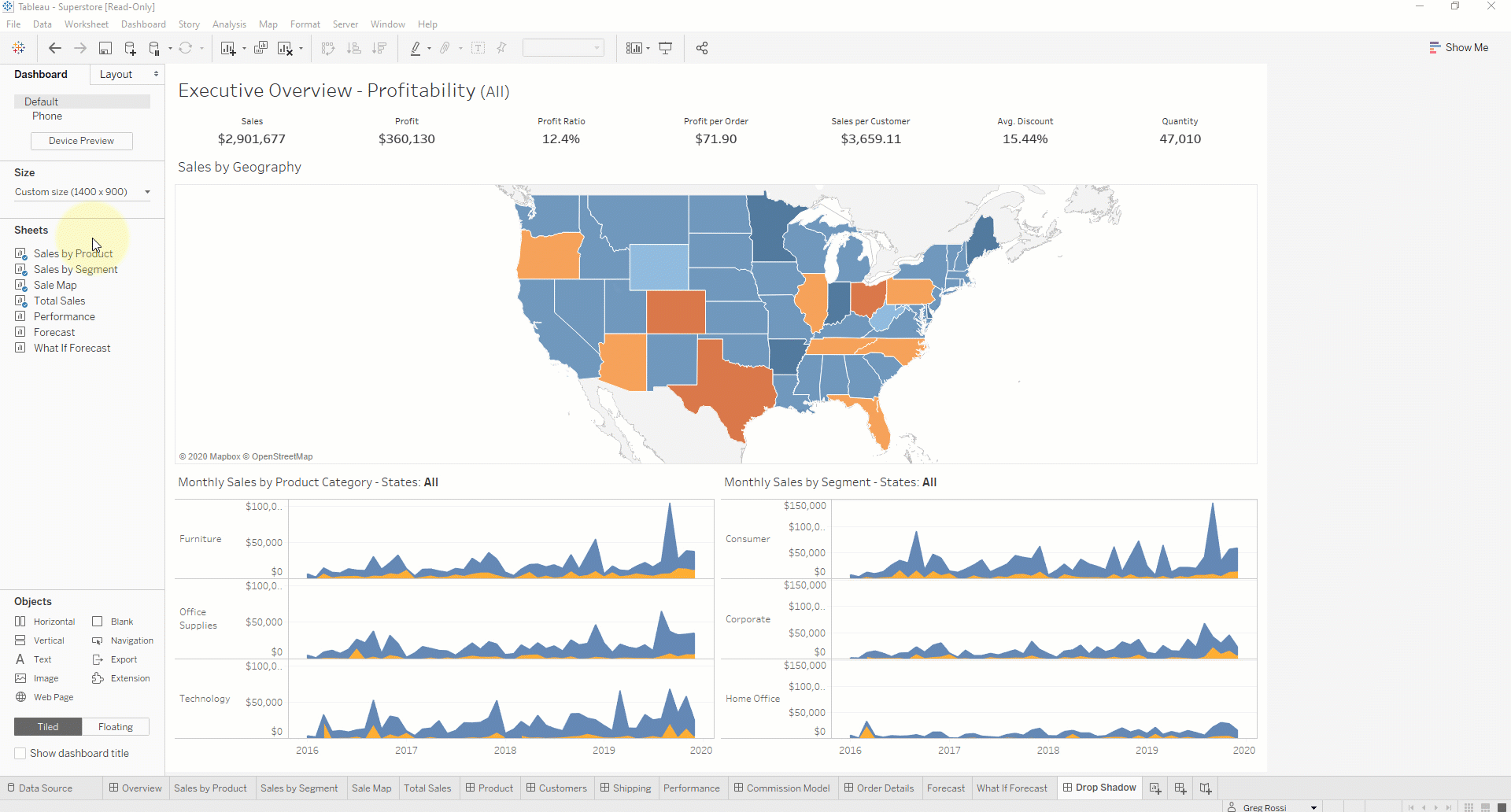 Gif of adding borders to sheets and containers on Tableau Dashboard