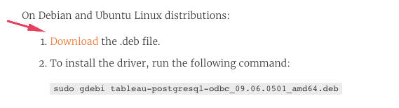 Tableau Driver Download page, Debian .deb file, command, Ubuntu