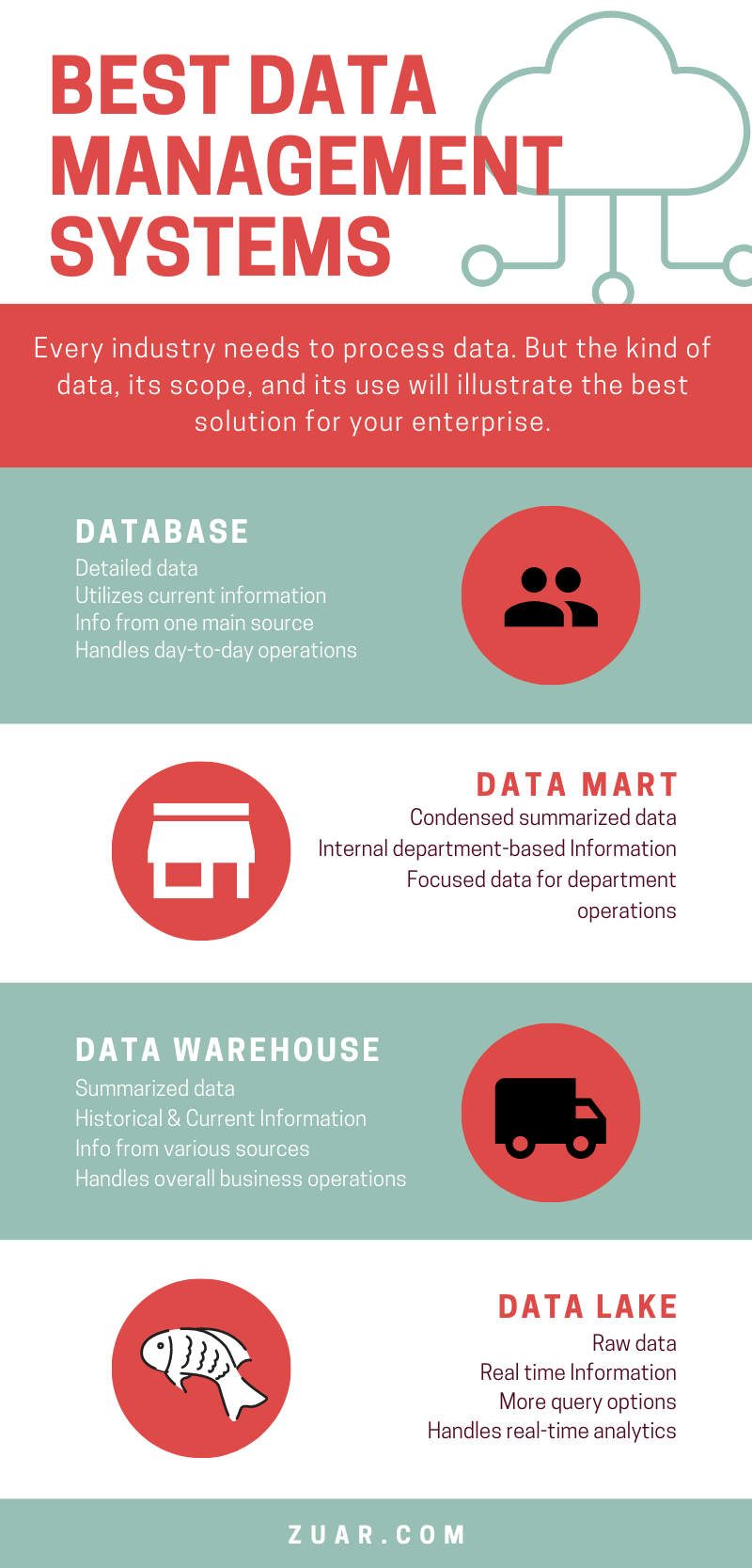 Best Data Management Systems Infographic: Database, Data Mart, Data Warehouse, Data Lake