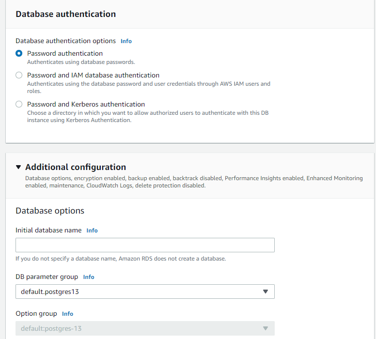 RDS additional configuration section