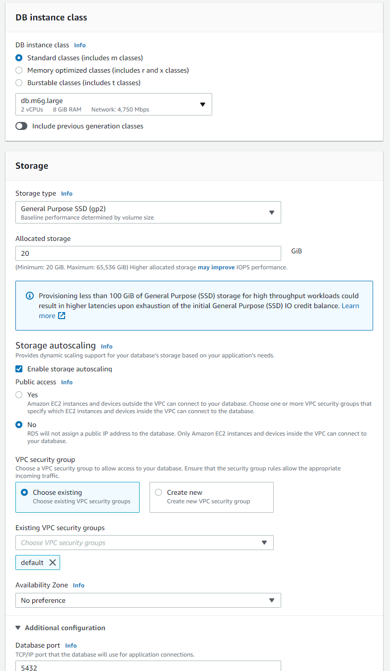 AWS RDS DB instance class and storage