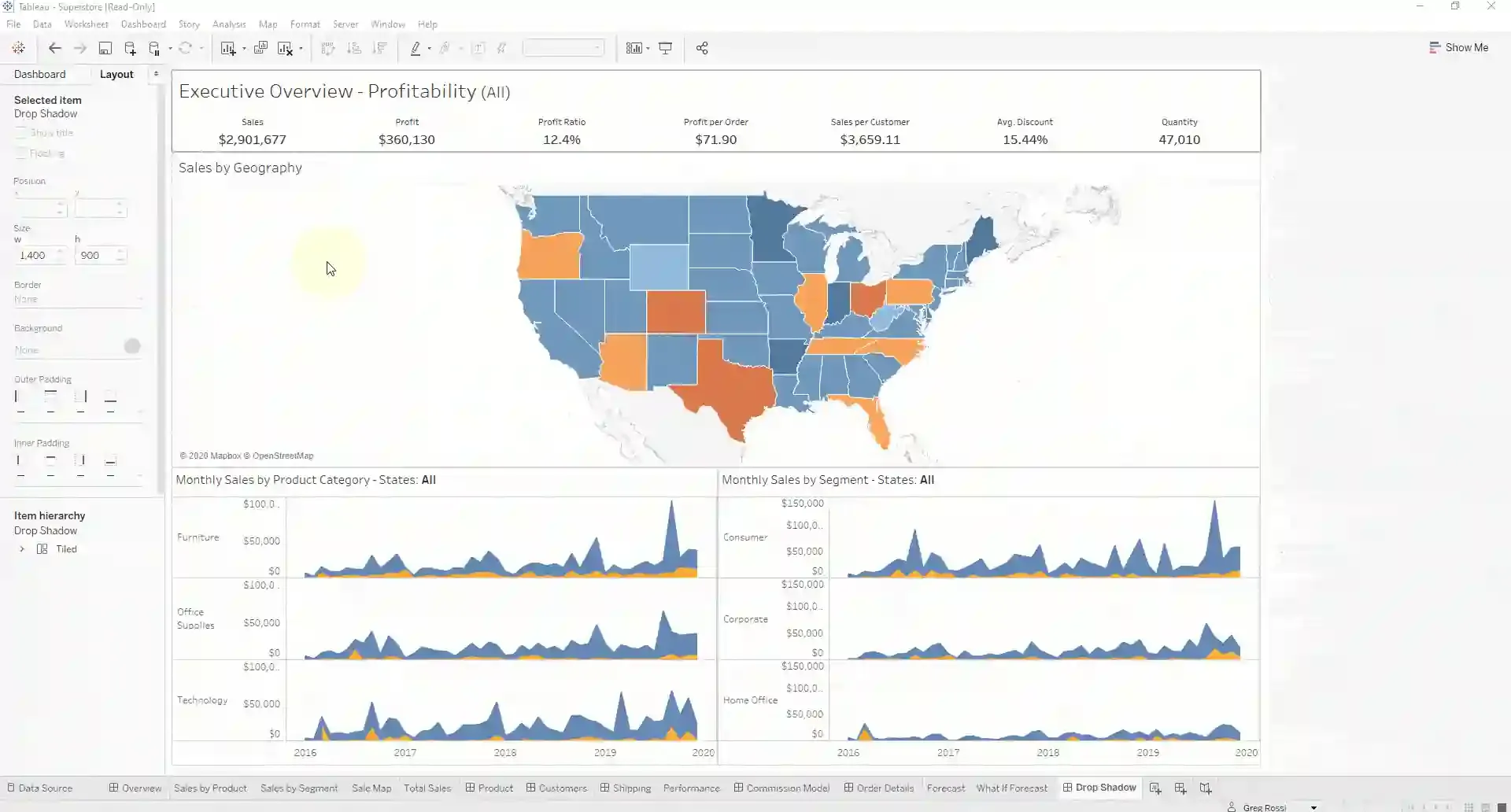 Gif for users adding drop shadows to Tableau container