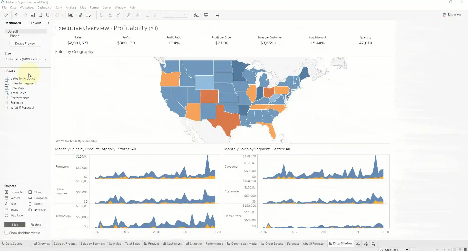 Gif of adding borders to sheets and containers on Tableau Dashboard for drop shadows