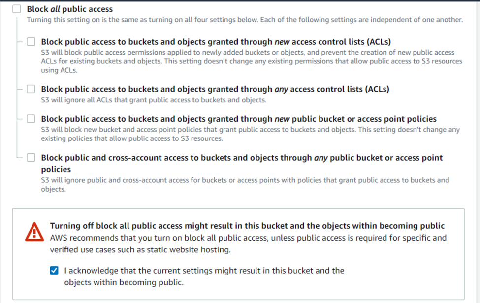 Uncheck block public access