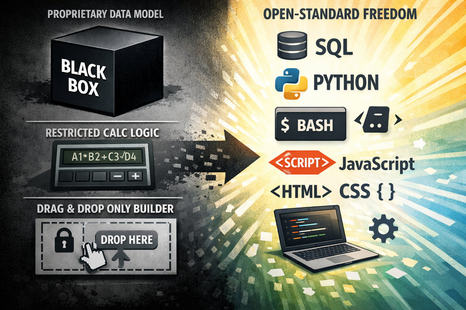 Proprietary BI black box transitioning to open standard languages SQL Python JavaScript HTML CSS with Zuar Data Experience Platform enabling flexible analytics without vendor lock in