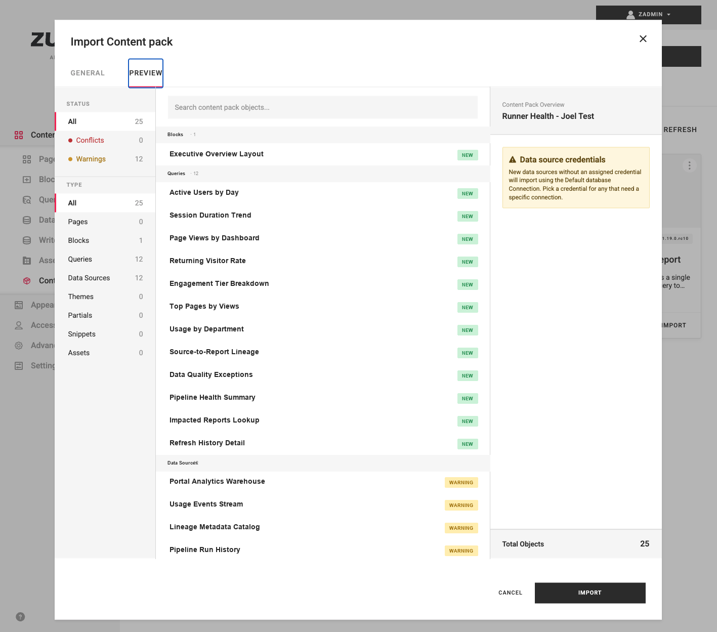 Import preview listing each object as new or flagged with a warning