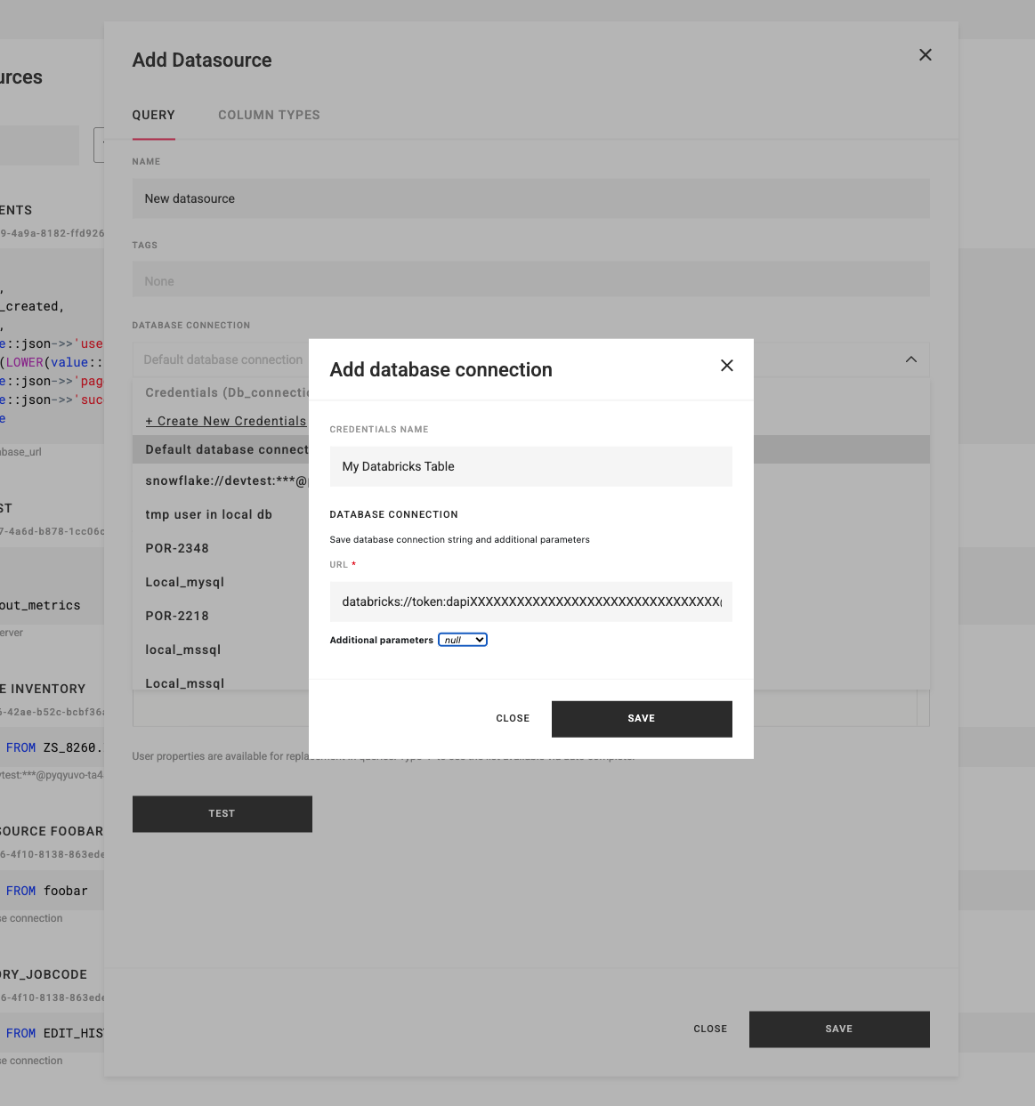 Adding a Database Connection credential with a Databricks connection string
