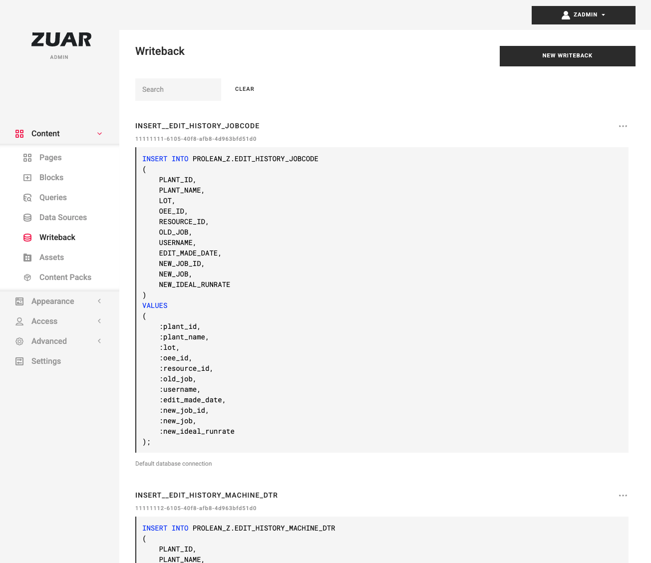 Writeback admin list