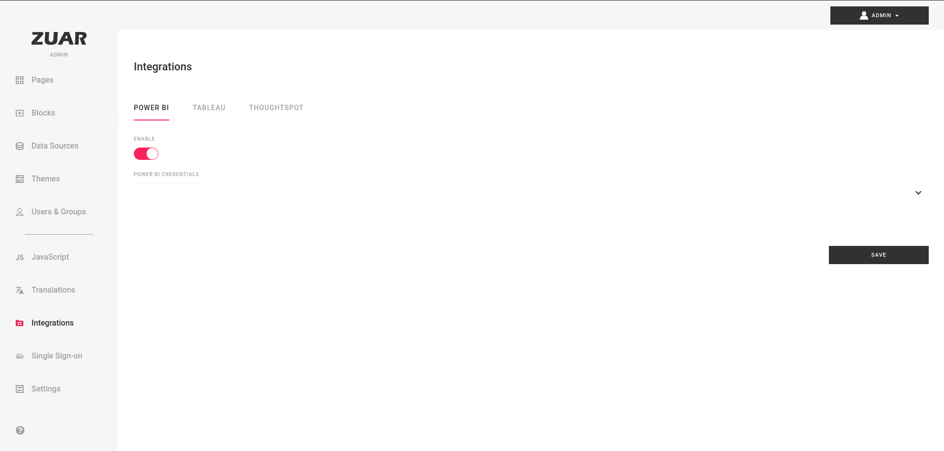 Admin's Integrations section