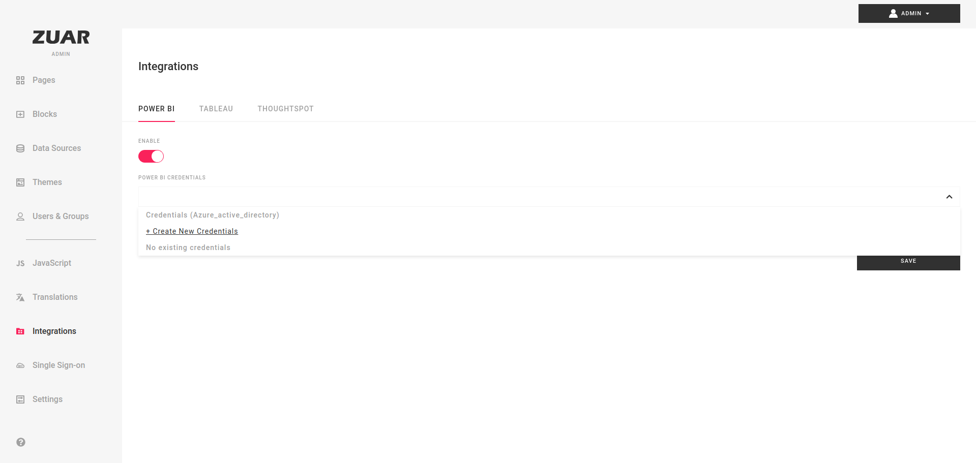 Admin's Integrations section