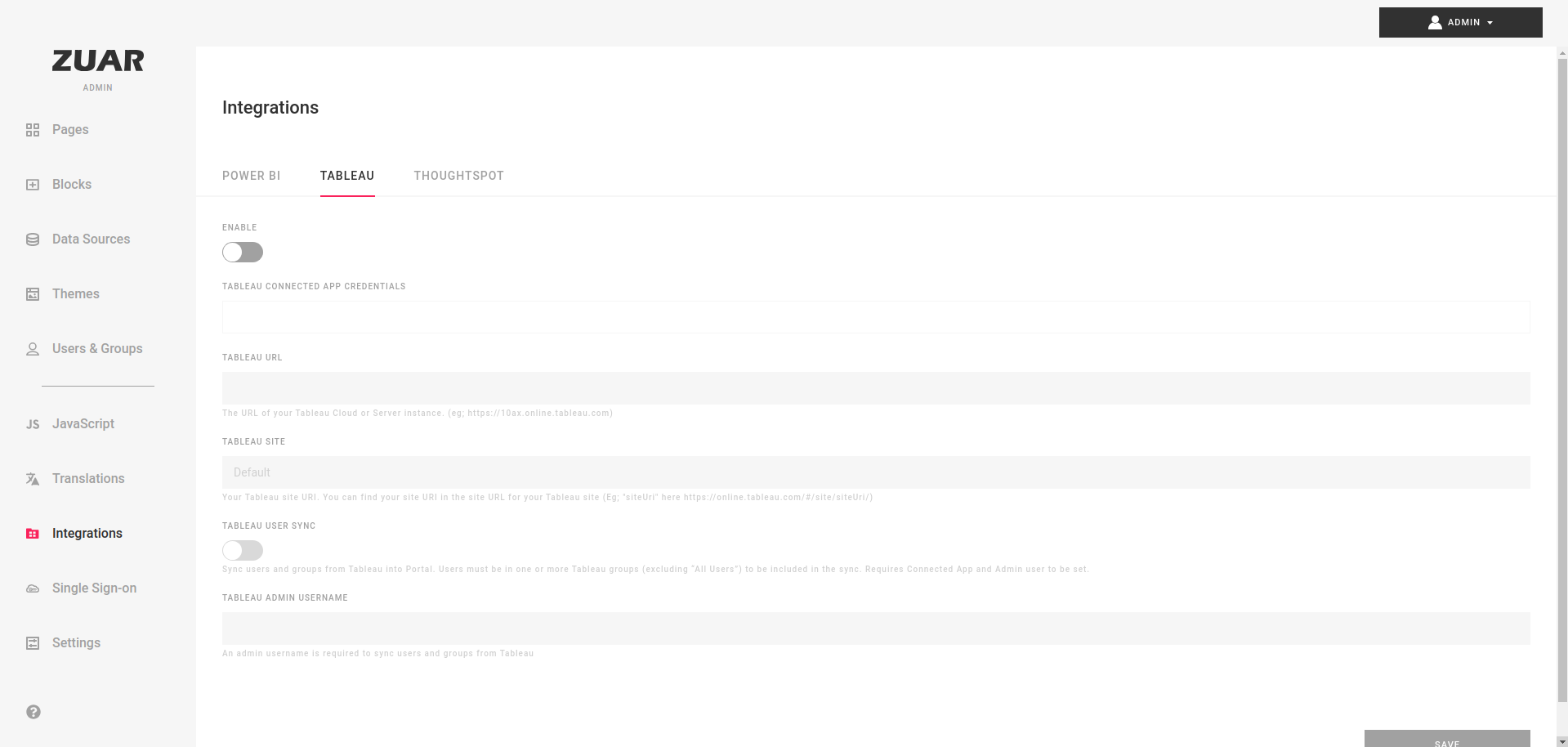 Admin's Integrations section