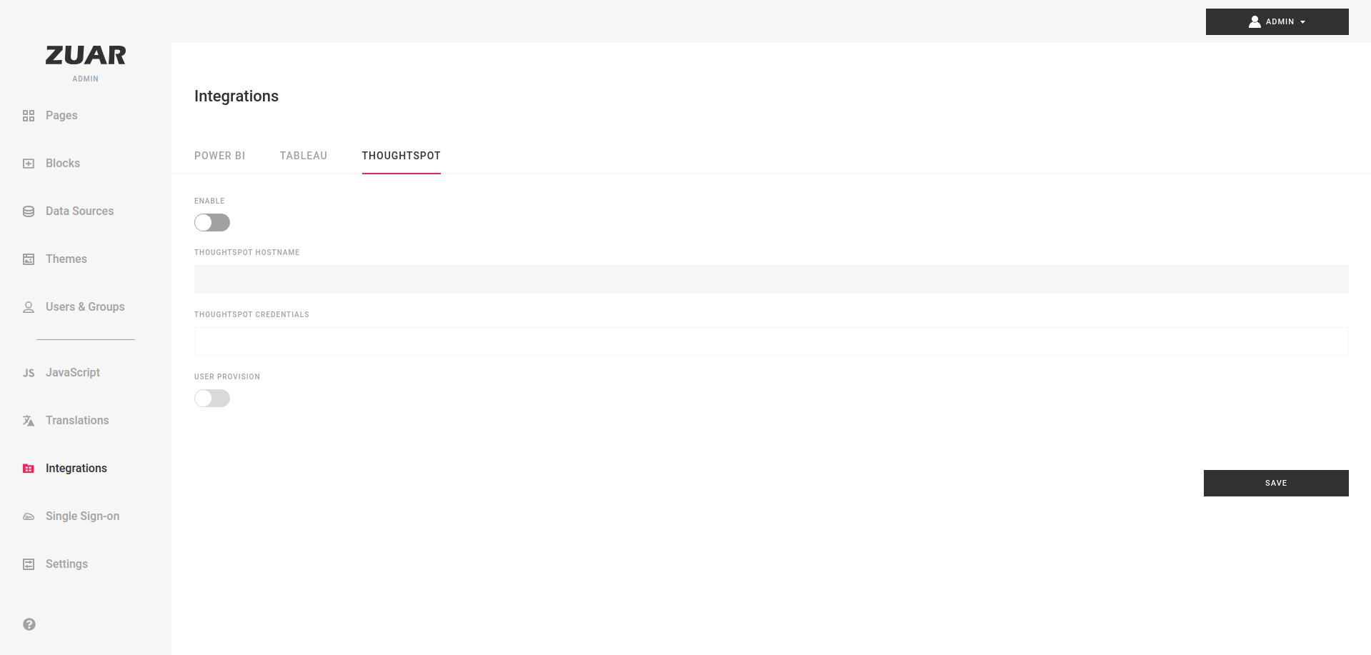 Admin's Integrations section