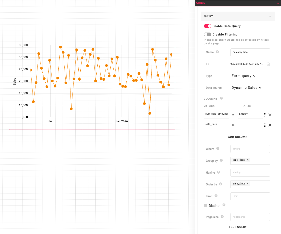 Block query editor showing form-builder parameters and filters alongside a chart preview