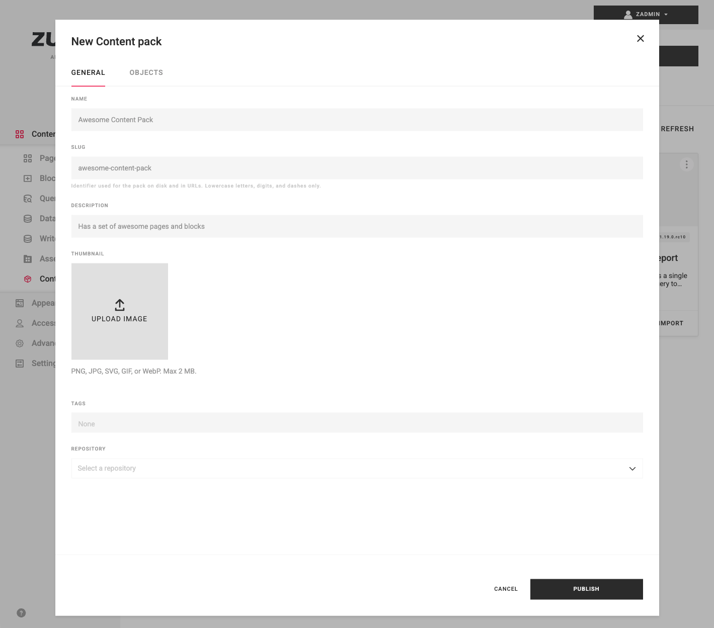 New Content Pack dialog, General tab
