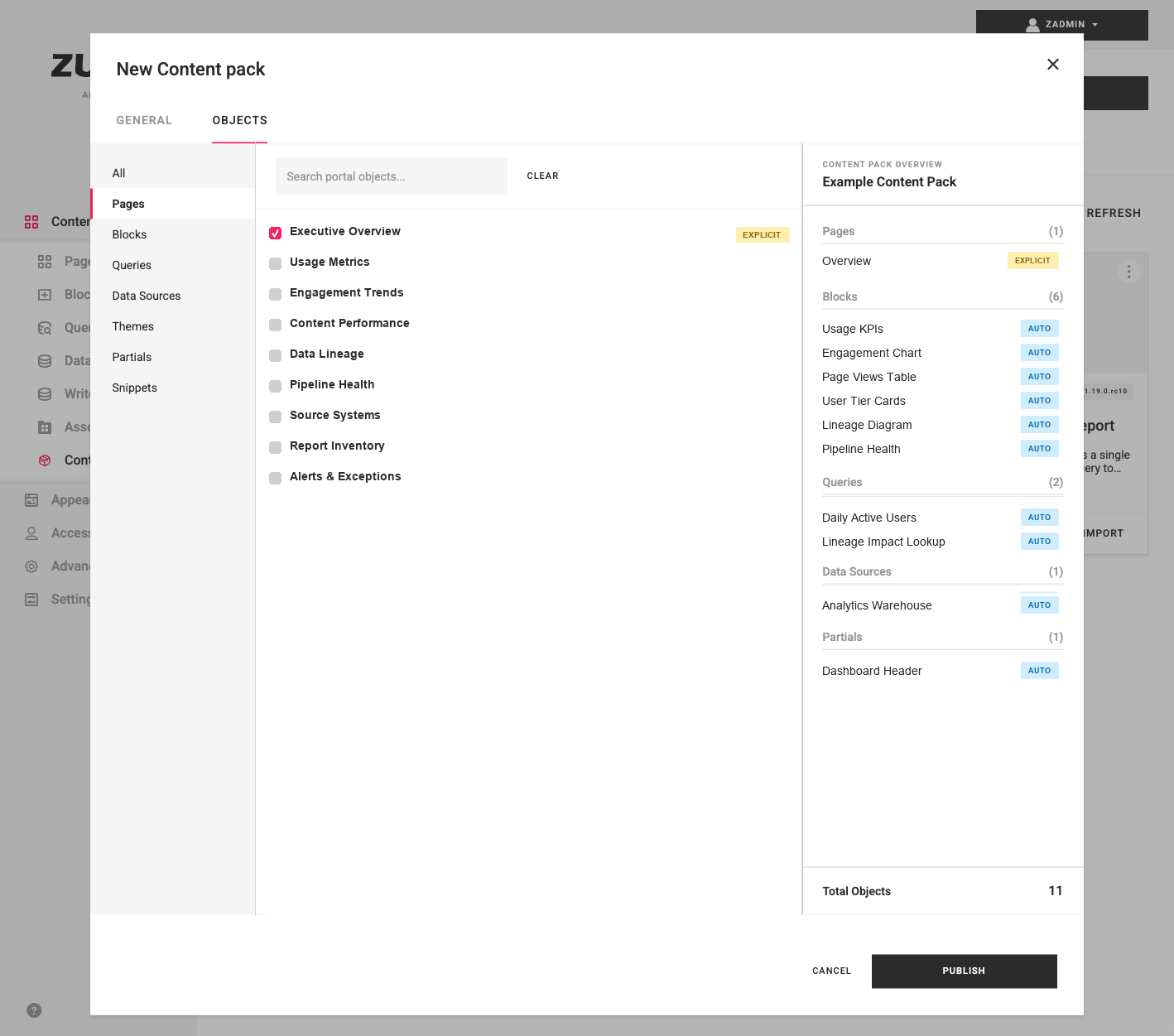 New Content Pack dialog, Objects tab with auto-added dependencies marked AUTO and EXPLICIT