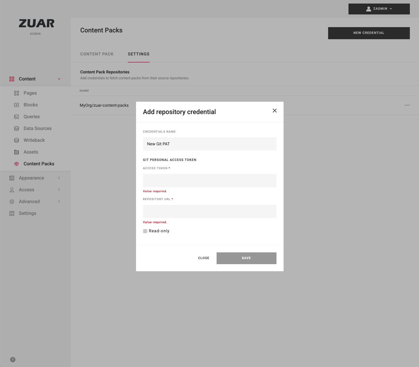 Content Pack Repositories settings with the Add repository credential dialog