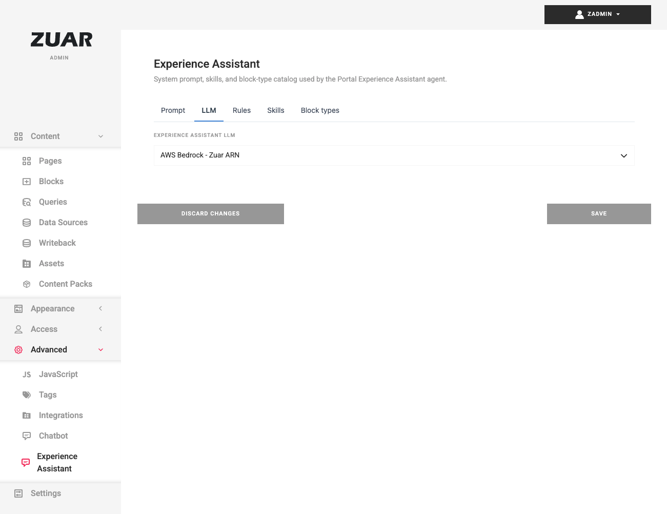 Experience Assistant admin page, LLM tab