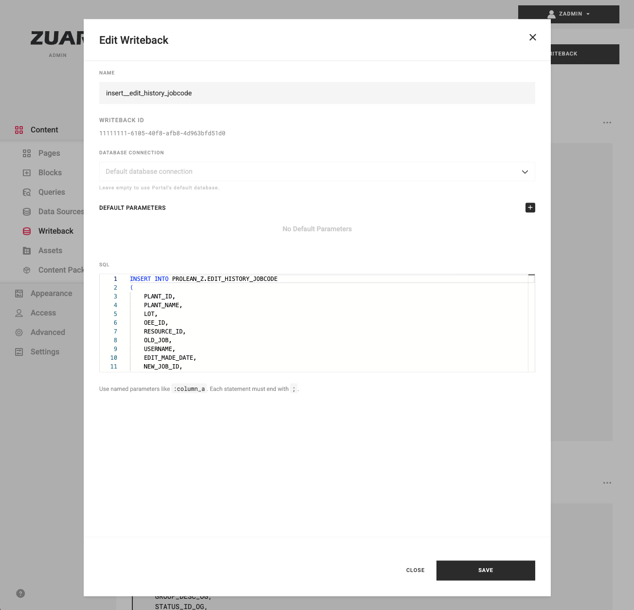 Edit Writeback dialog with Name, database connection, Default Parameters, and SQL fields