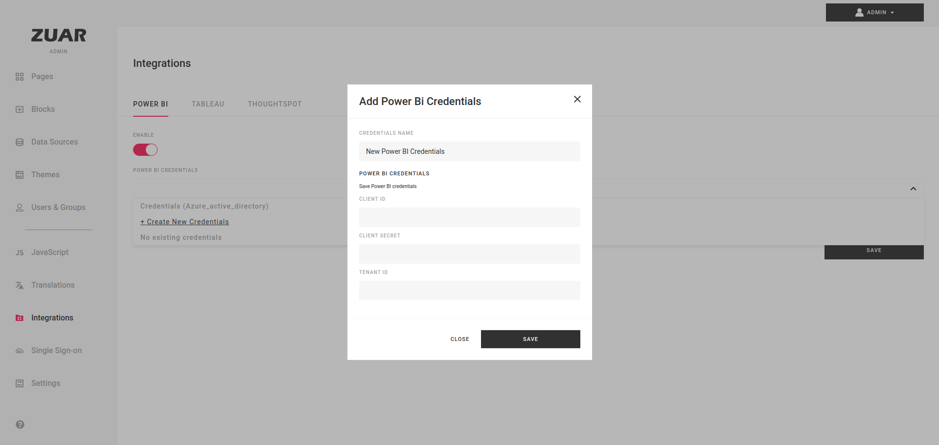 Admin's Integrations section