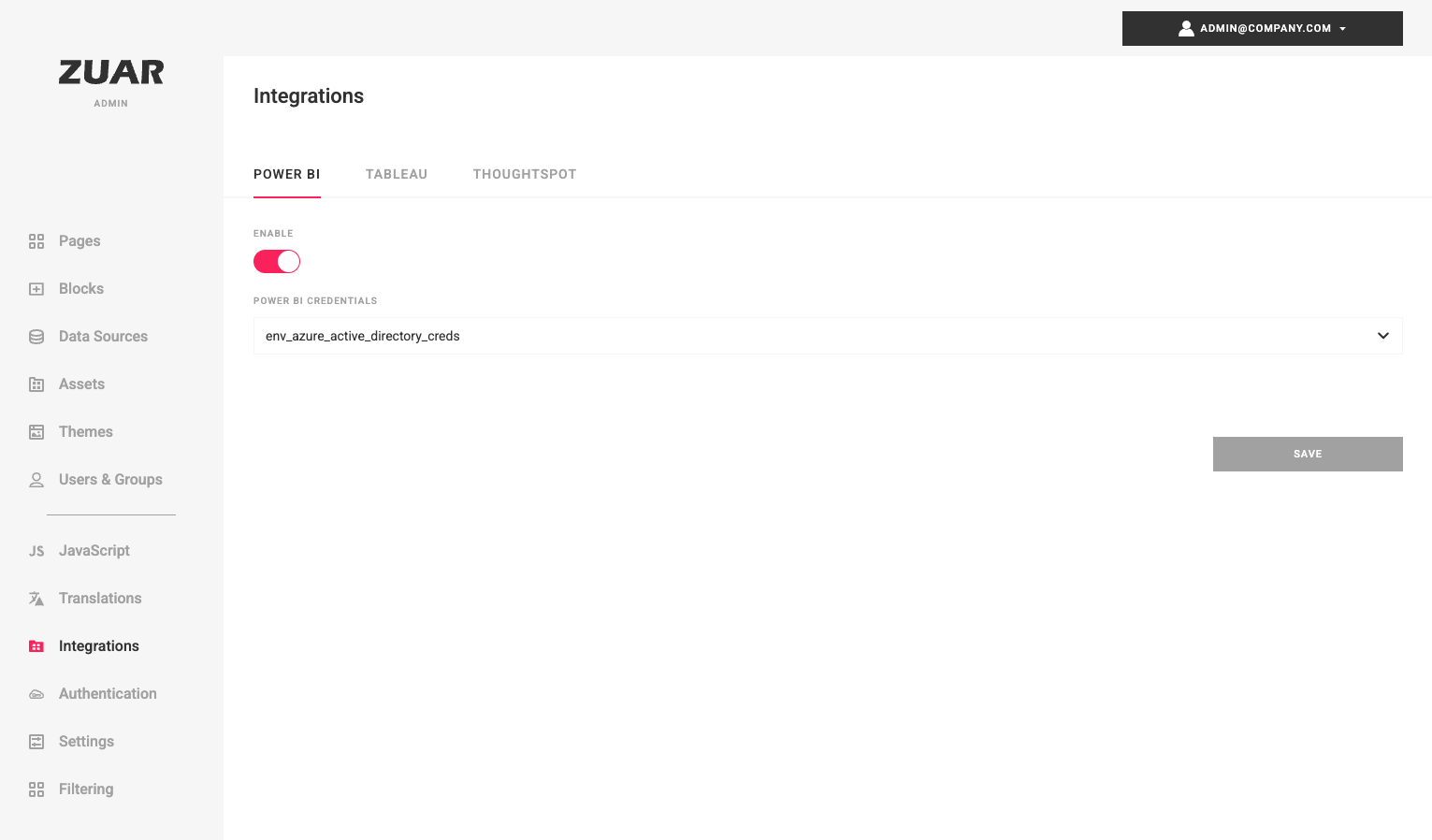 Admin's Integrations section