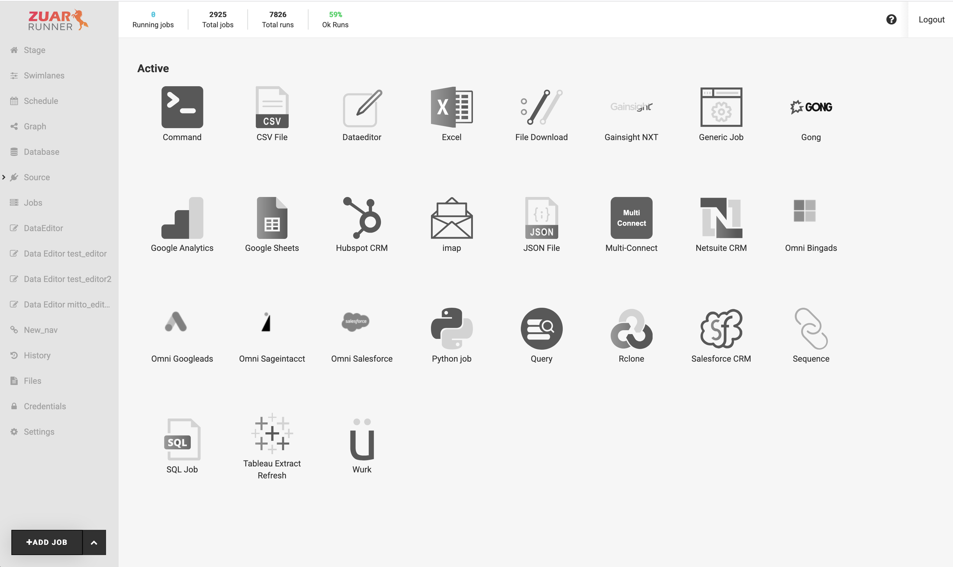 Add Job page with Omni connector wizard icons