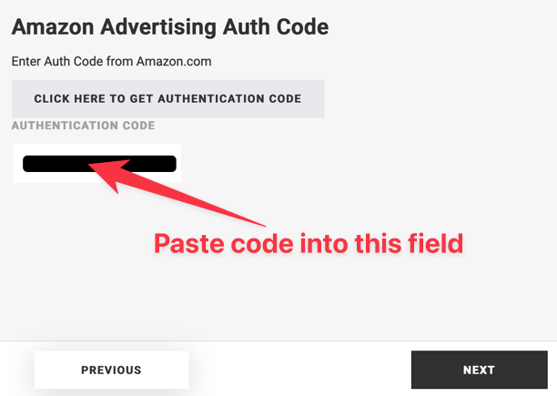 Paste code into the AUTHENTICATION CODE field