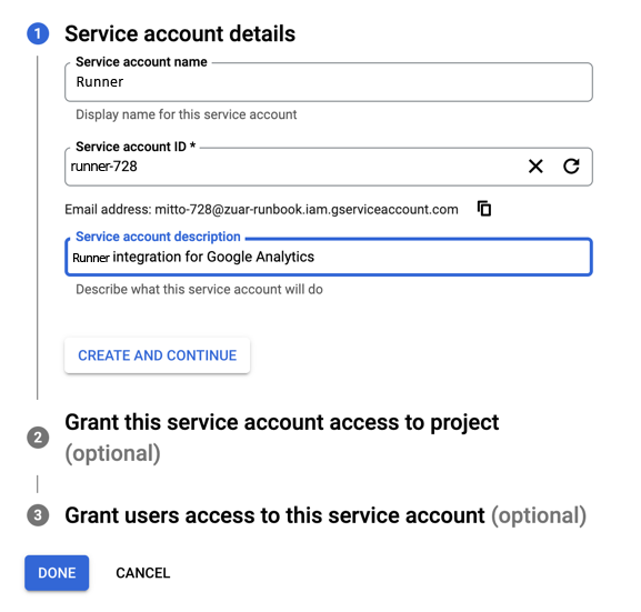 Service Account details screen