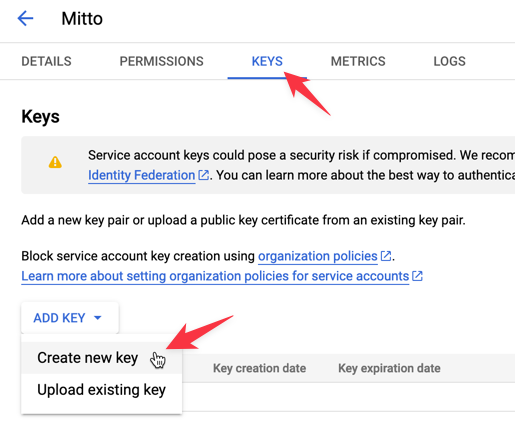 Service Account key creation