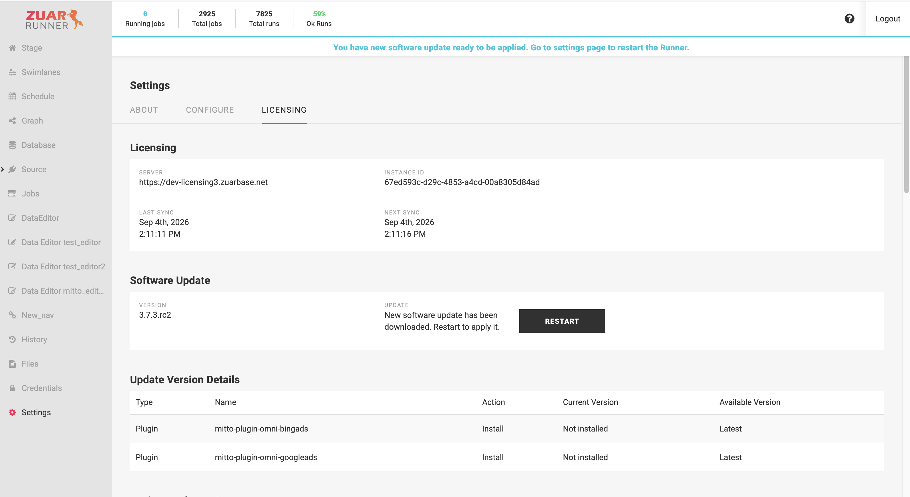 Licensing status message with the Restart button