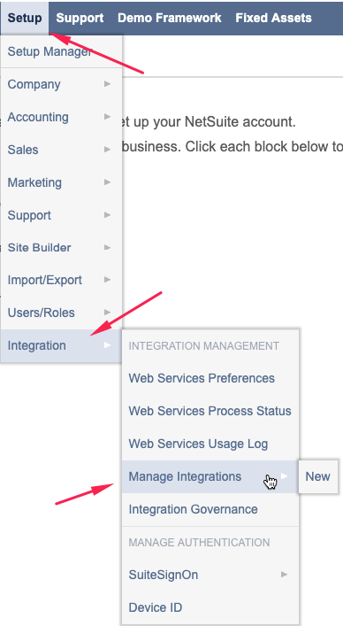 NetSuite's Manage Integrations menu
