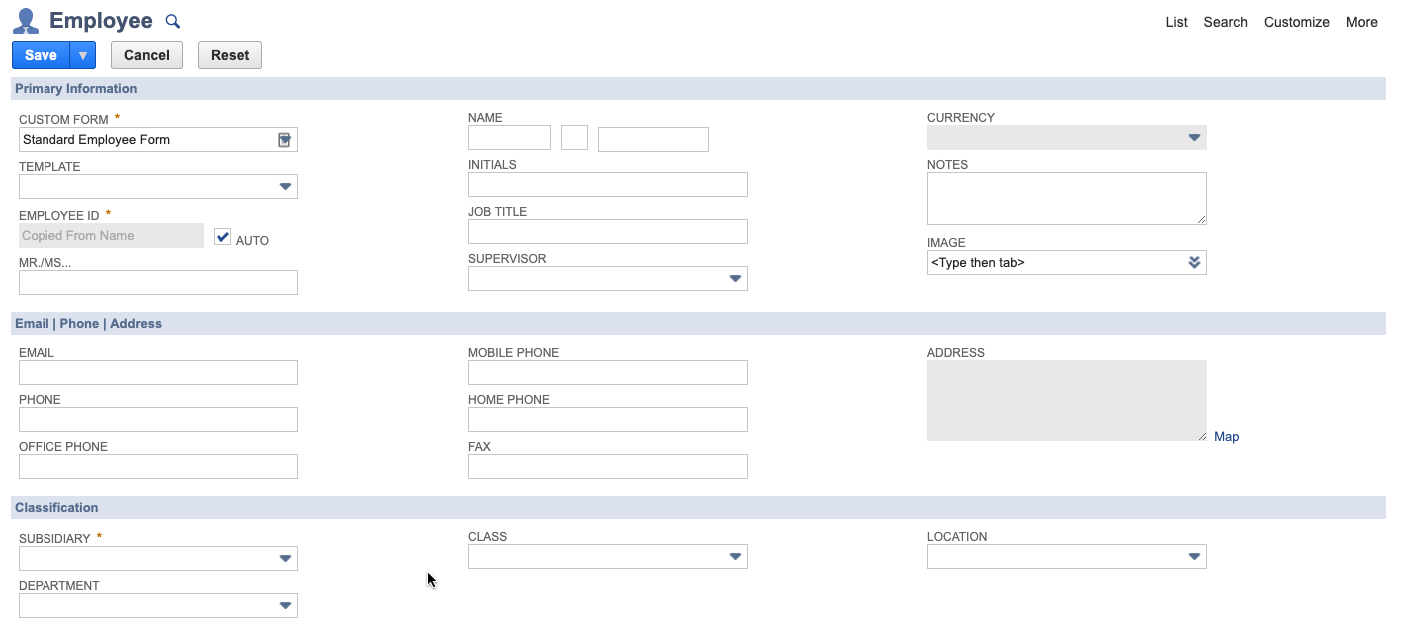NetSuite New Employee Form